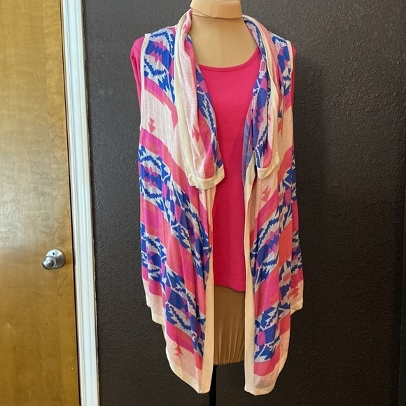 ANTHROPOLOGIE Skies Are Blue pink blue tribal sleeveless open front‎ cardigan - Picture 1 of 8